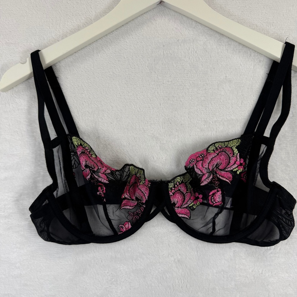 Adored by Adore‎ Me Womens Black Floral Embroidered Sheer Mesh Underwire Bra 36C